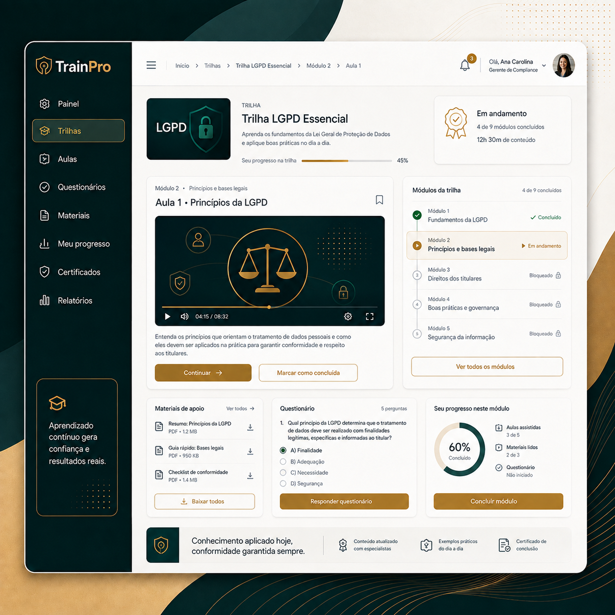 Ambiente interno da plataforma TrainPro